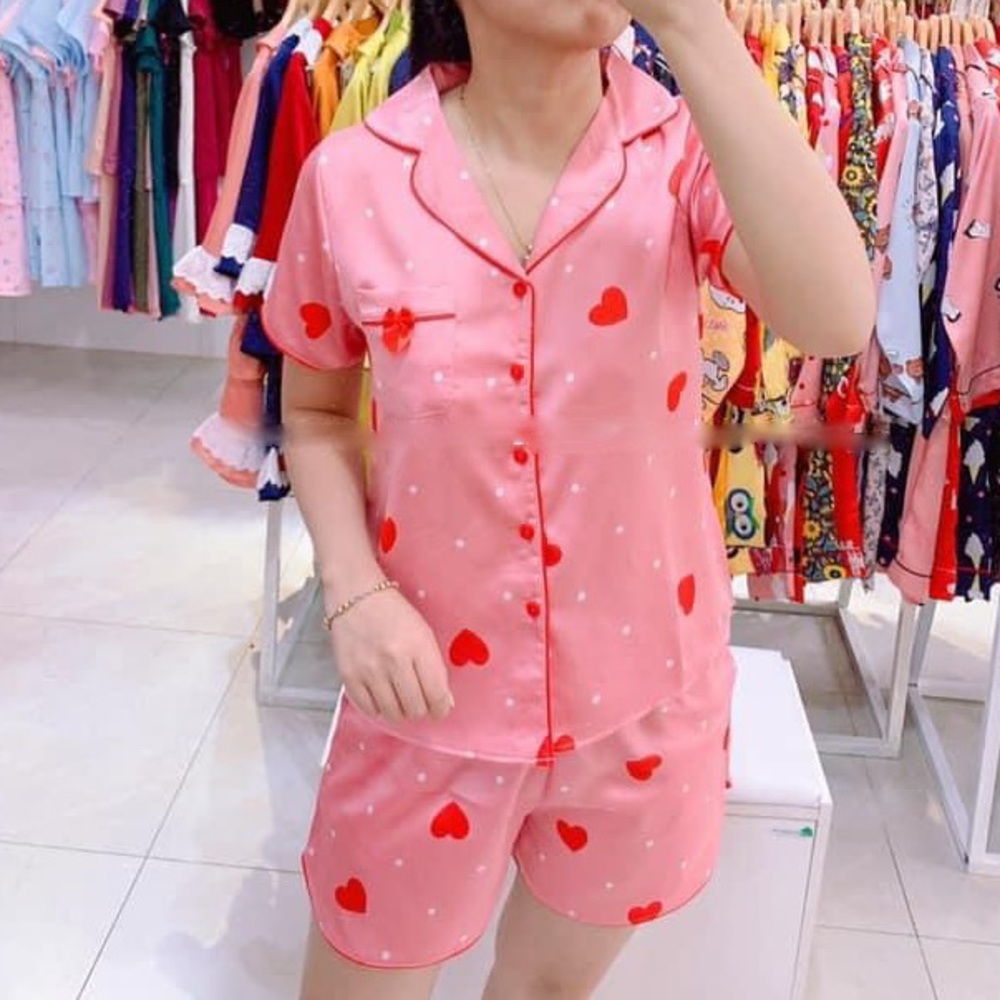 New Pink Heart Satin Silk-Like Pajamas Set - Picture 2 of 4